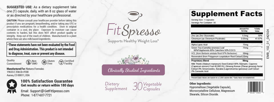FitSpresso Supplement Facts Label